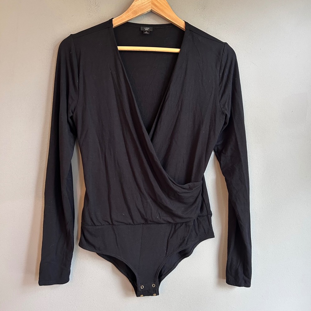 J.Crew 365 Womens Black Long Sleeve Wrap Surplice Bodysuit Medium V-Neck Snap